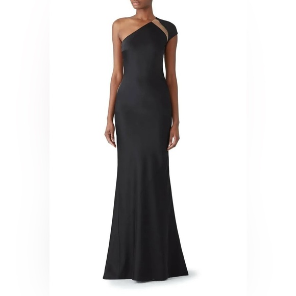 Kaufman Franco / black onyx column one shoulder illusion gown crepe dress 2 - Picture 2 of 8